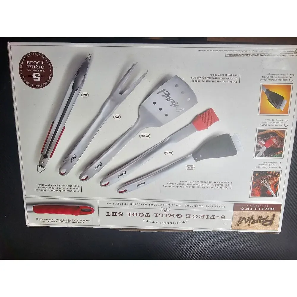 PARINI 5 PIECE GRILL TOOL SET - TONGS, FORK, SPATULA, BASTING & CLEANING BRUSH